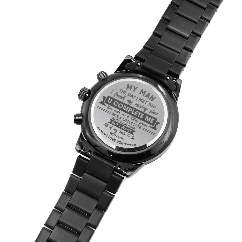 U Complete Me - Engraved Design Black Chronograph Watch - Touch Of Divine
