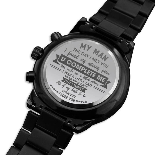 U Complete Me - Engraved Design Black Chronograph Watch - Touch Of Divine