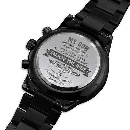 Enjoy the Ride - Engraved Design Black Chronograph Watch - Touch Of Divine