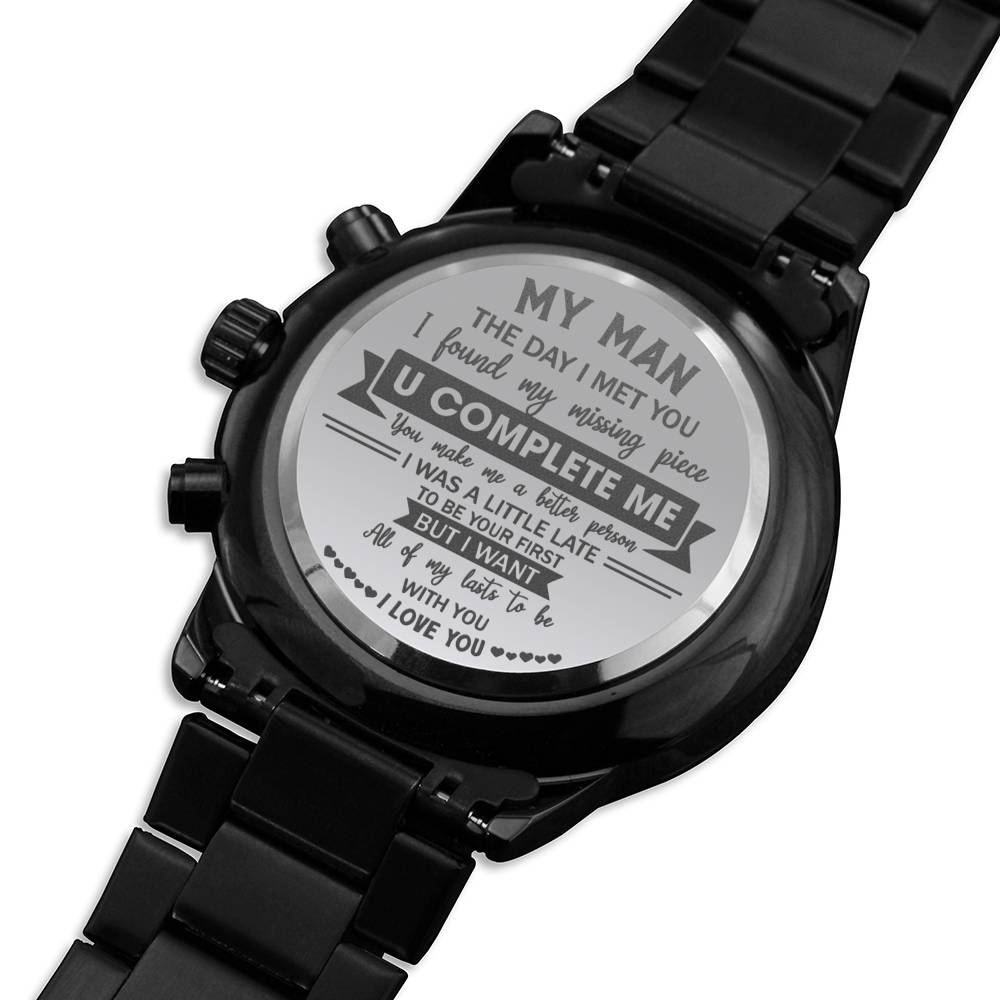 U Complete Me - Engraved Design Black Chronograph Watch - Touch Of Divine