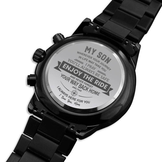 Enjoy The Ride - Engraved Design Black Chronograph Watch - Touch Of Divine