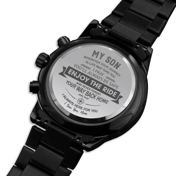 Enjoy The Ride - Engraved Design Black Chronograph Watch - Touch Of Divine
