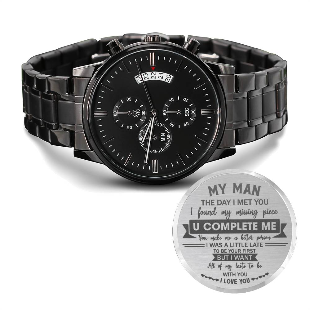 U Complete Me - Engraved Design Black Chronograph Watch - Touch Of Divine