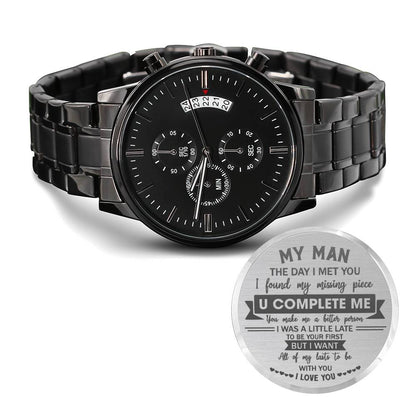 U Complete Me - Engraved Design Black Chronograph Watch - Touch Of Divine