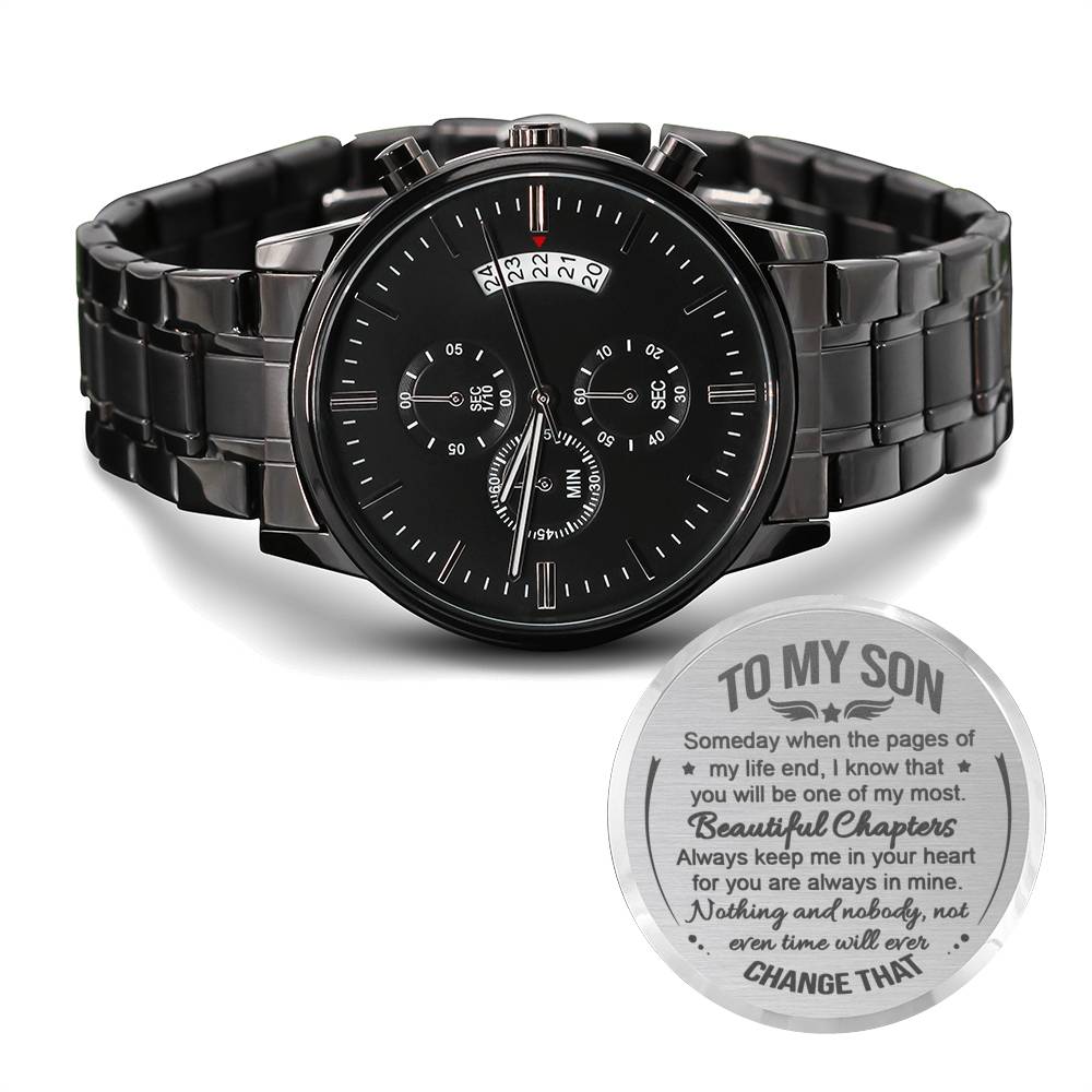 Beautiful Chapters - Engraved Design Black Chronograph Watch - Touch Of Divine