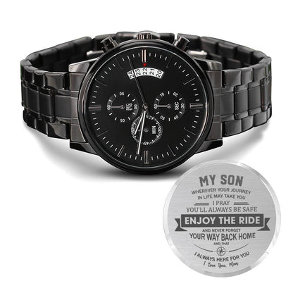Enjoy the Ride - Engraved Design Black Chronograph Watch - Touch Of Divine