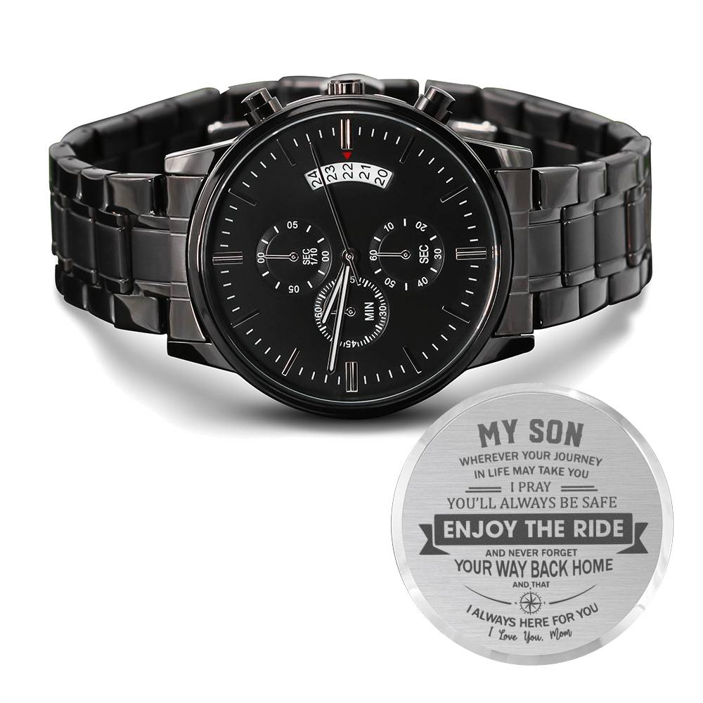 Enjoy The Ride - Engraved Design Black Chronograph Watch - Touch Of Divine