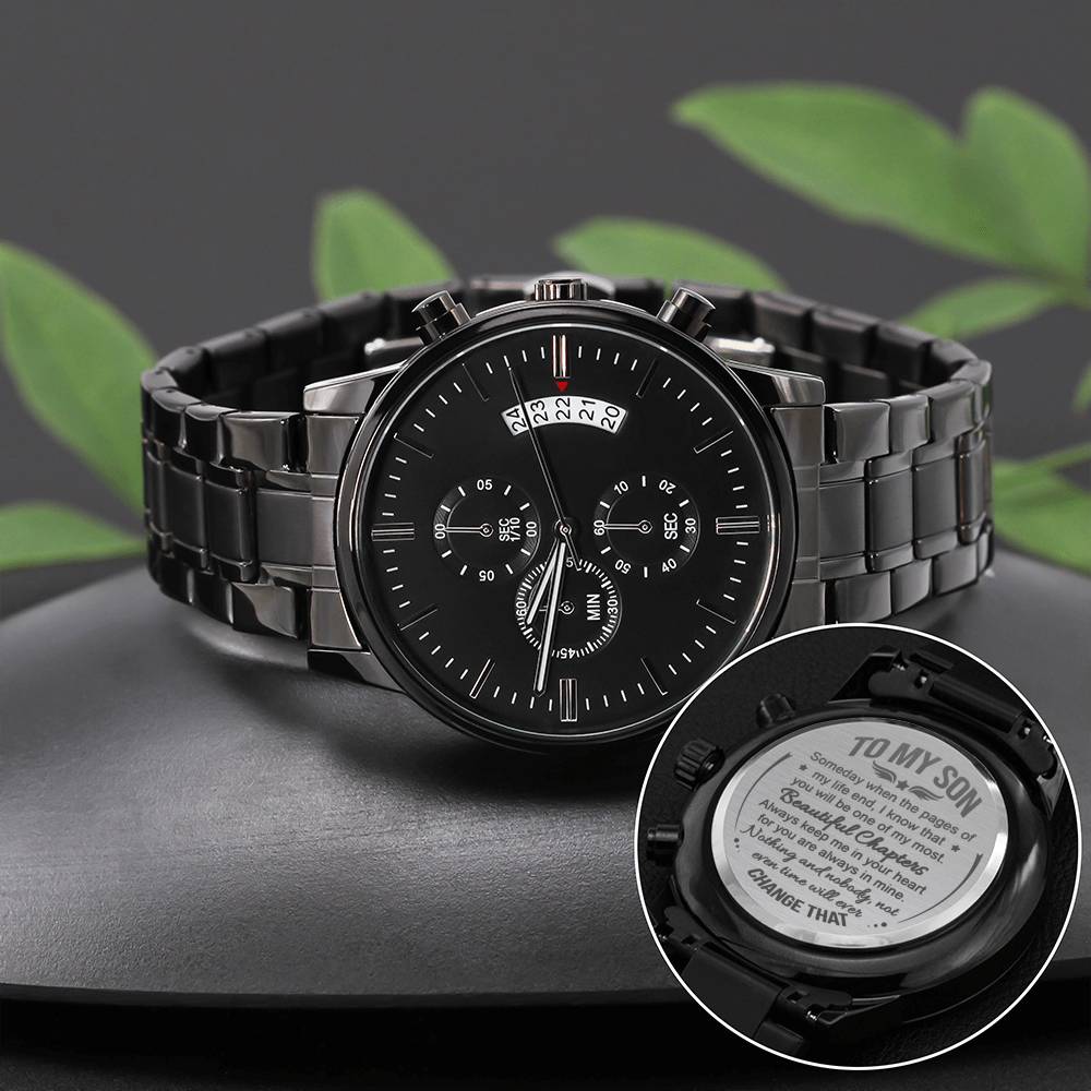 Beautiful Chapters - Engraved Design Black Chronograph Watch - Touch Of Divine
