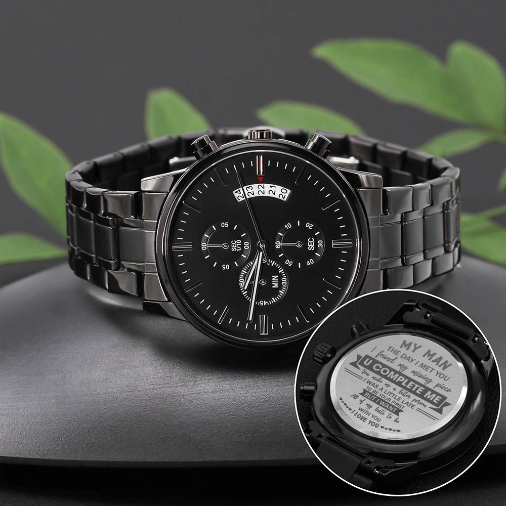 U Complete Me - Engraved Design Black Chronograph Watch - Touch Of Divine