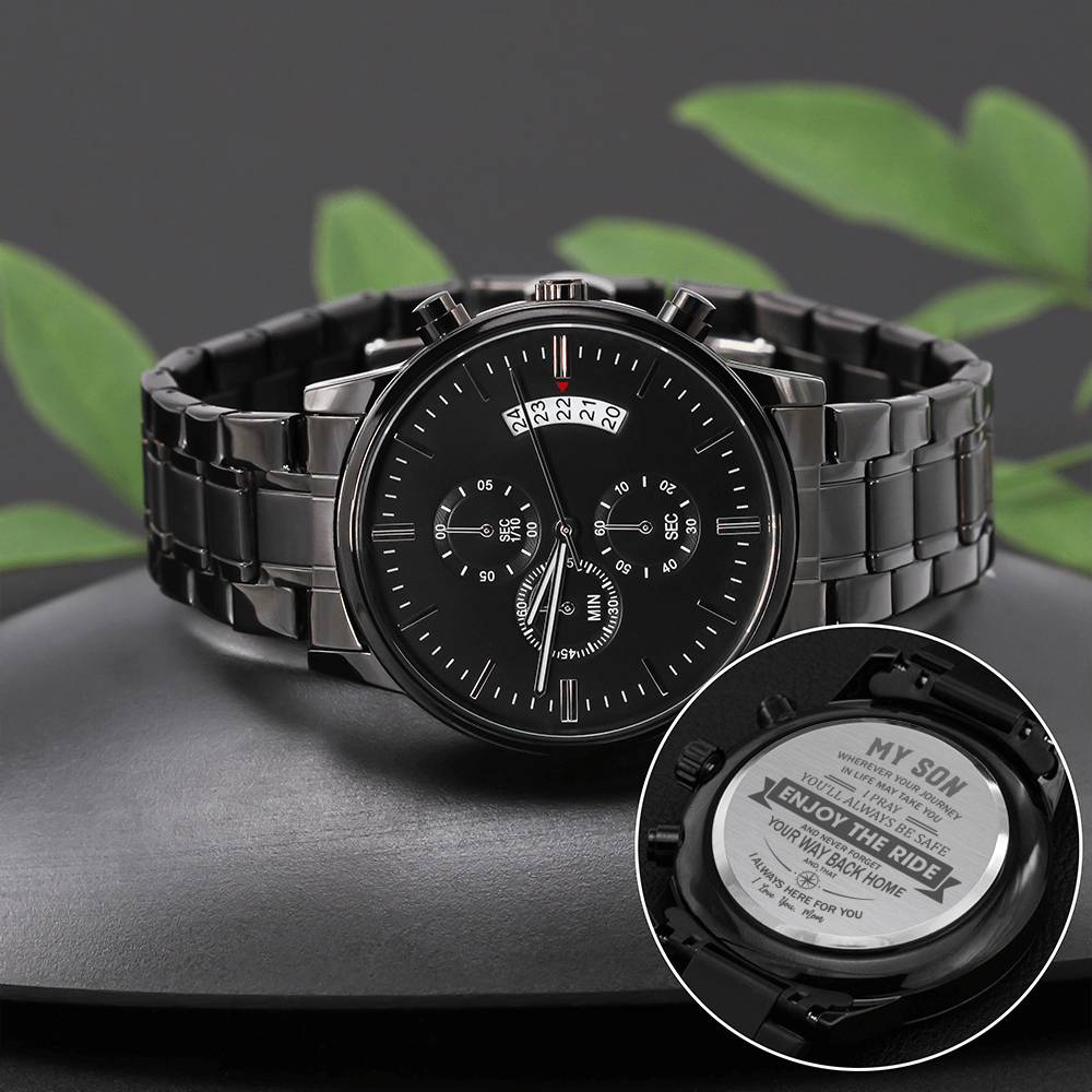 Enjoy the Ride - Engraved Design Black Chronograph Watch - Touch Of Divine