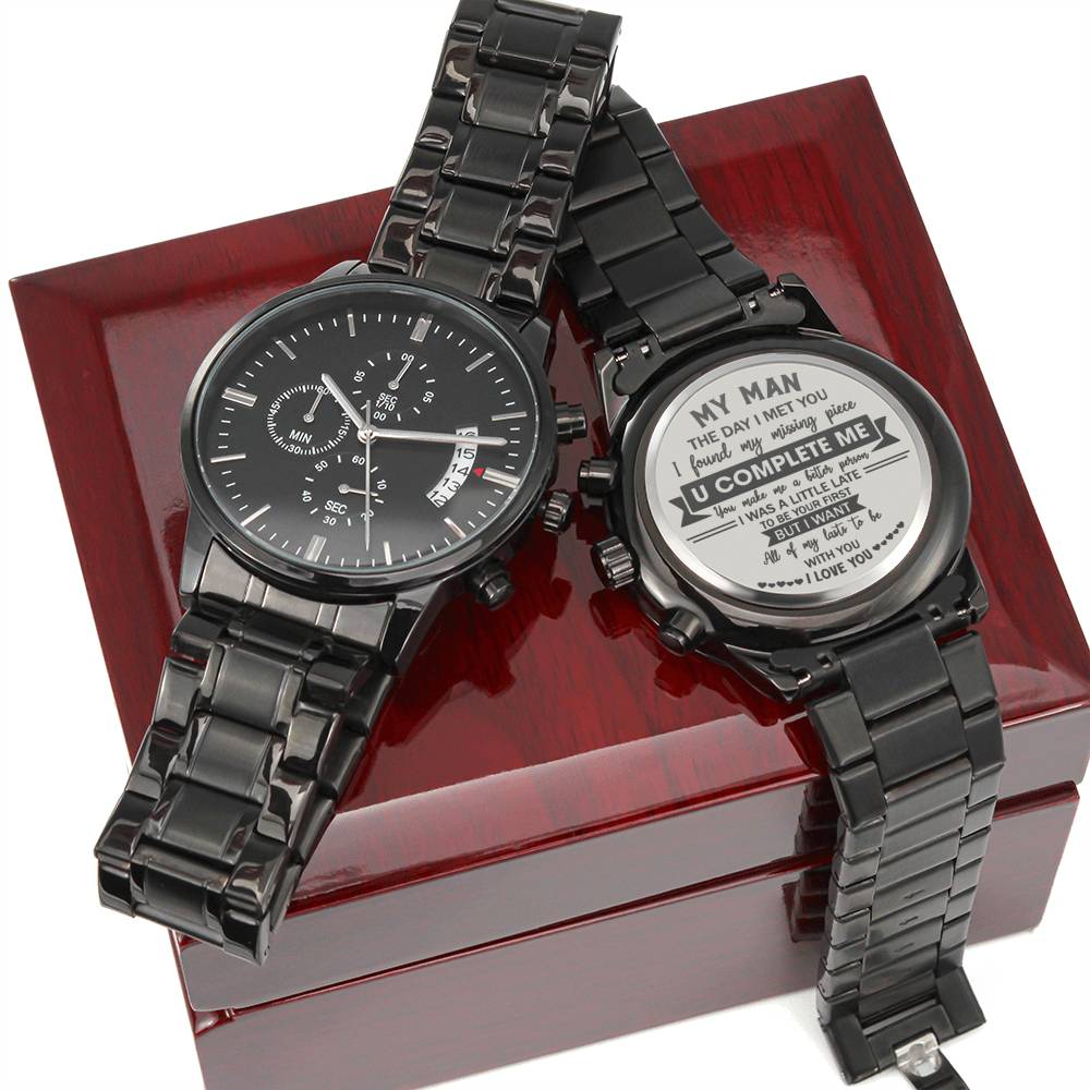 U Complete Me - Engraved Design Black Chronograph Watch - Touch Of Divine