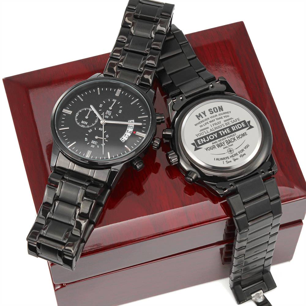 Enjoy The Ride - Engraved Design Black Chronograph Watch - Touch Of Divine