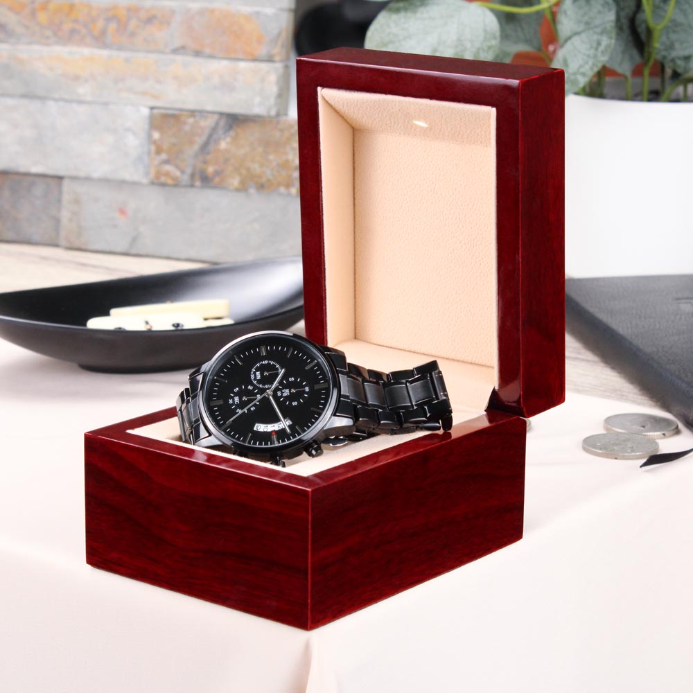 Beautiful Chapters - Engraved Design Black Chronograph Watch - Touch Of Divine