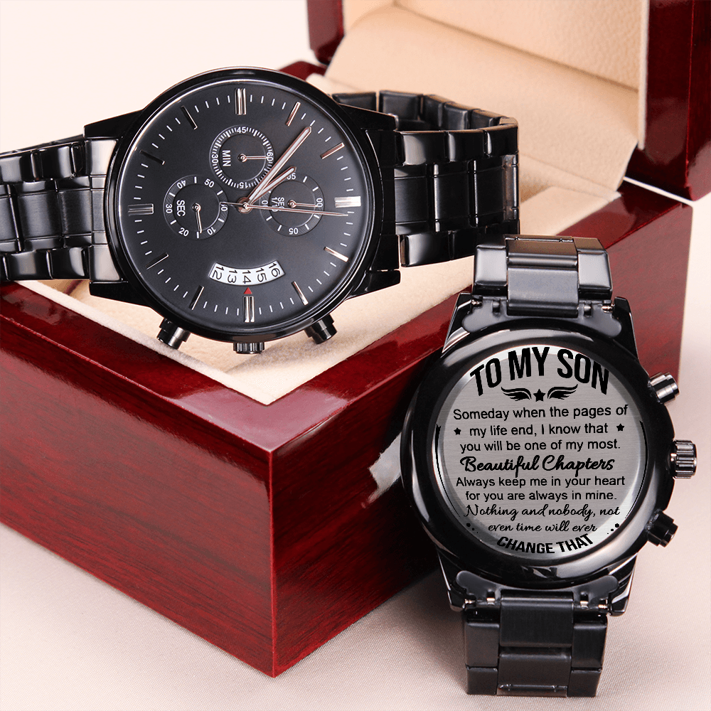 Beautiful Chapters - Engraved Design Black Chronograph Watch - Touch Of Divine