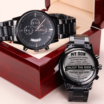 Enjoy the Ride - Engraved Design Black Chronograph Watch - Touch Of Divine