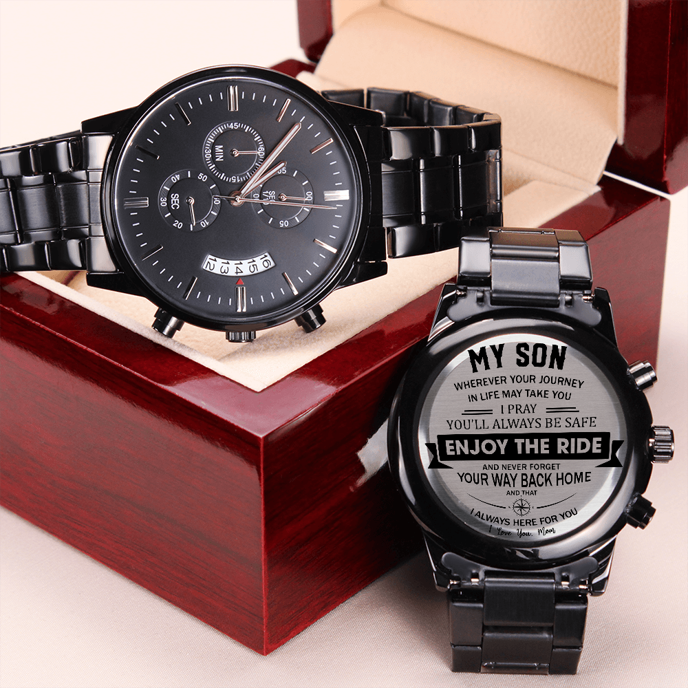 Enjoy The Ride - Engraved Design Black Chronograph Watch - Touch Of Divine