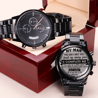 U Complete Me - Engraved Design Black Chronograph Watch - Touch Of Divine