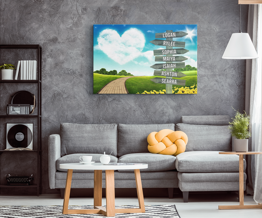 Heart Cloud Pathwalk Family Names Signpost Canvas Print | Personalized Framed Canvas Art - Touch Of Divine