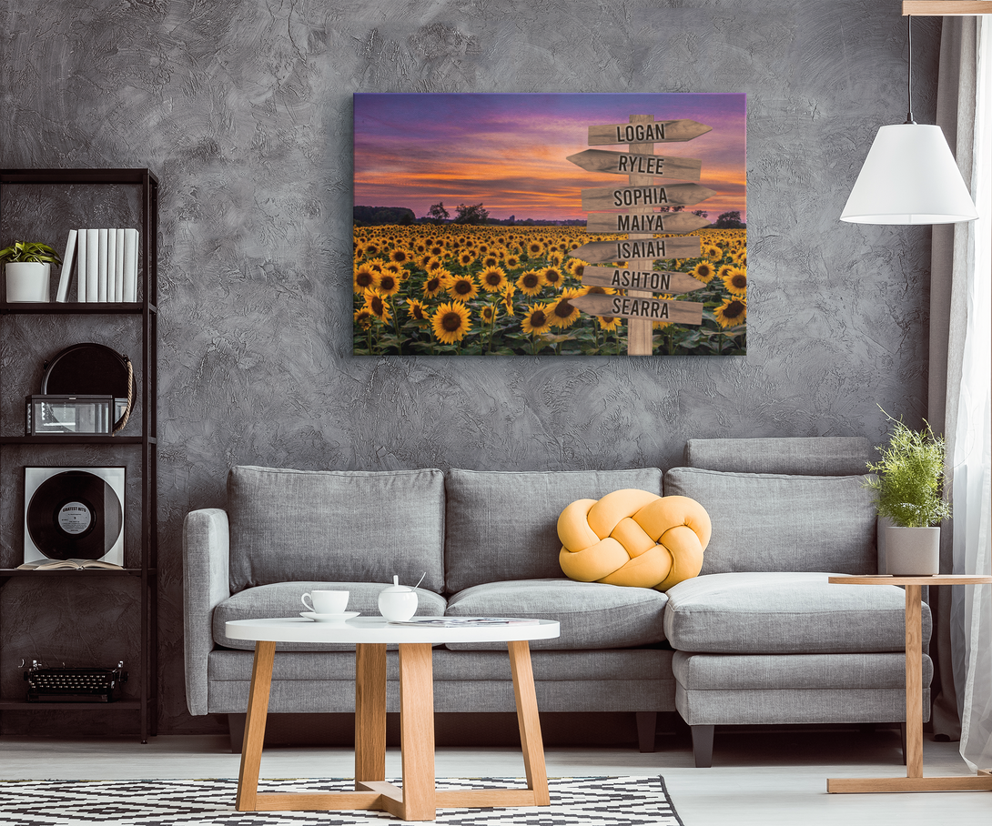 Sunflower Field Family Names Signpost Canvas Print | Personalized Framed Canvas Art - Touch Of Divine