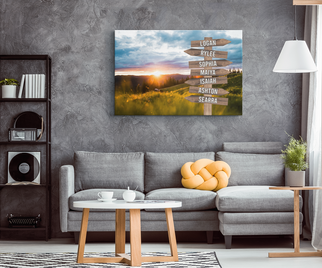 Grassfield and Sunset Family Names Signpost Canvas Print | Personalized Framed Canvas Art - Touch Of Divine